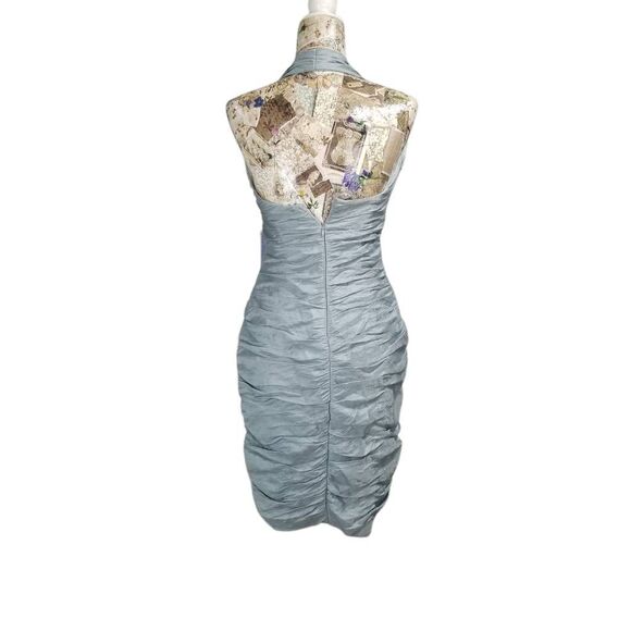 Formal Cocktail Dress Shiny Light Metallic Blue Halter Gathered Tight Bodycon - Picture 8 of 11